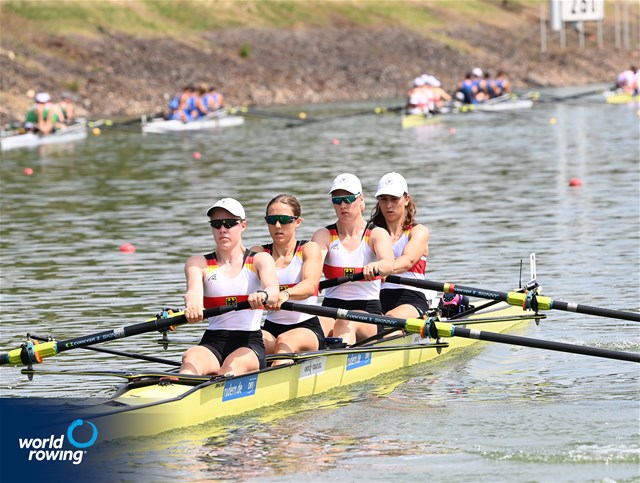 Tori Schwerin (b), Maike Boettcher, Magdalena Rabl, Anna Haendle (s), Annalena Fisch (c), Women's Coxed Four, Germany, 2021 World Rowing Under 23 Championships, Racice, Czech Republic / Detlev Seyb/MyRowingPhoto.com