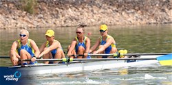 Anastasiia Ustiuzhanina (b), Yuliia Zavoloka, Kateryna Maistrenko, Kateryna Ustiuzhanina (s), Yana Ocheretiana (c), Women's Coxed Four, Ukraine, 2021 World Rowing Under 23 Championships, Racice, Czech Republic / Detlev Seyb/MyRowingPhoto.com