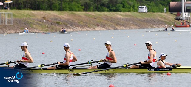 Robin Goeritz (b), Tom Tewes, Henning Koencke, Julius Christ (s), Florian Koch (c), Men's Coxed Four, Germany, 2021 World Rowing Under 23 Championships, Racice, Czech Republic / Detlev Seyb/MyRowingPhoto.com