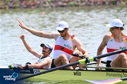 Robin Goeritz (b), Florian Koch (c), Men's Coxed Four, Germany, 2021 World Rowing Under 23 Championships, Racice, Czech Republic / Detlev Seyb/MyRowingPhoto.com