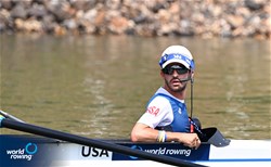 James Catalano (c), Men's Coxed Four, United States of America, 2021 World Rowing Under 23 Championships, Racice, Czech Republic / Detlev Seyb/MyRowingPhoto.com