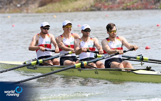 Robin Goeritz (b), Tom Tewes, Henning Koencke, Julius Christ (s), Florian Koch (c), Men's Coxed Four, Germany, 2021 World Rowing Under 23 Championships, Racice, Czech Republic / Detlev Seyb/MyRowingPhoto.com