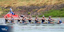 Mckenna Bryant (b), Sophia Hahn, Anna Jensen, Sierra Bishop, Kelsey Mcginley, Teal Cohen, Alexandria Vallancey-Martinson, Francesca Raggi (s), Isabel Aronin (c), Women's Eight, United States of America, 2021 World Rowing Under 23 Championships, Racice, Czech Republic / Detlev Seyb/MyRowingPhoto.com