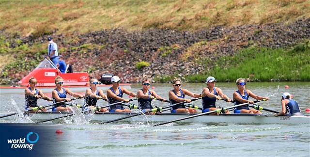 Mckenna Bryant (b), Sophia Hahn, Anna Jensen, Sierra Bishop, Kelsey Mcginley, Teal Cohen, Alexandria Vallancey-Martinson, Francesca Raggi (s), Isabel Aronin (c), Women's Eight, United States of America, 2021 World Rowing Under 23 Championships, Racice, Czech Republic / Detlev Seyb/MyRowingPhoto.com