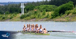 Vienna Van Niersen (b), Susanna Temming, Willemijn Mulder, Vera Sneijders, Jessy Vermeer, Iris Klok, Isabel Van Opzeeland, Femke Paulis (s), Lotte Wolfenter (c), Women's Eight, Netherlands, 2021 World Rowing Under 23 Championships, Racice, Czech Republic / Detlev Seyb/MyRowingPhoto.com