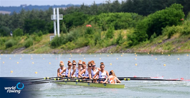 Vienna Van Niersen (b), Susanna Temming, Willemijn Mulder, Vera Sneijders, Jessy Vermeer, Iris Klok, Isabel Van Opzeeland, Femke Paulis (s), Lotte Wolfenter (c), Women's Eight, Netherlands, 2021 World Rowing Under 23 Championships, Racice, Czech Republic / Detlev Seyb/MyRowingPhoto.com