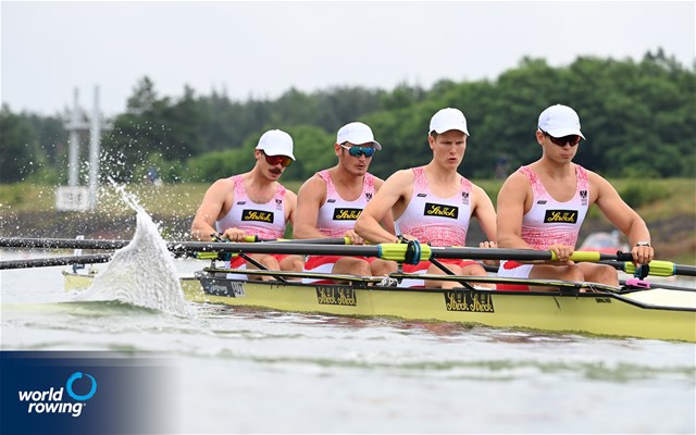 Adrian Reininger (b), Michal Karlovsky, Vitus Haider, David Suckert (s), Men's Four, Austria, 2021 World Rowing Under 23 Championships, Racice, Czech Republic / Detlev Seyb/MyRowingPhoto.com