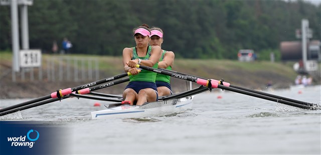 Ugne Juzenaite (b), Dovile Rimkute (s), Women's Double Sculls, Lithuania, 2021 World Rowing Under 23 Championships, Racice, Czech Republic / Detlev Seyb/MyRowingPhoto.com