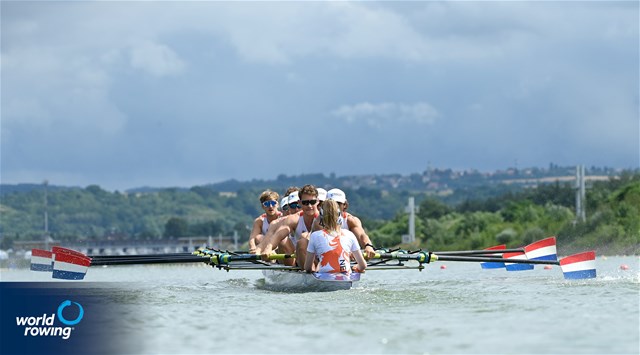 Willem Stoop (b), Ies Wiersma, Bart Lauwers, Robert Pluijmert, Douwe Smits, Eli Brouwer, Jasper Joordens, Boris Mulder (s), Eva Ulenkate (c), Men's Eight, Netherlands, 2021 World Rowing Under 23 Championships, Racice, Czech Republic / Detlev Seyb/MyRowingPhoto.com