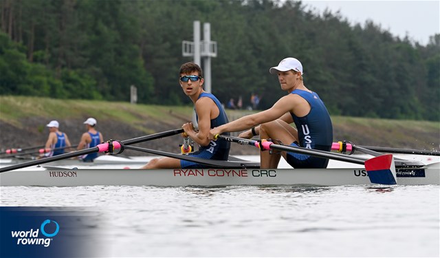 Eli Rabinowitz (b), Simon Dubiel (s), Lightweight Men's Double Sculls, United States of America, 2021 World Rowing Under 23 Championships, Racice, Czech Republic / Detlev Seyb/MyRowingPhoto.com