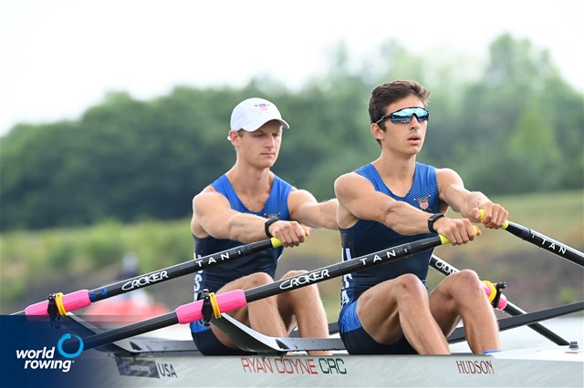 Eli Rabinowitz (b), Simon Dubiel (s), Lightweight Men's Double Sculls, United States of America, 2021 World Rowing Under 23 Championships, Racice, Czech Republic / Detlev Seyb/MyRowingPhoto.com