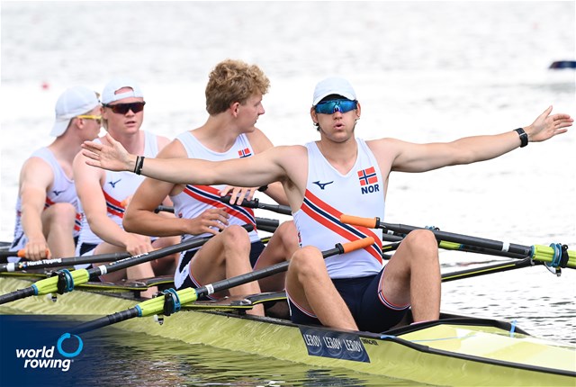Fredrik Reite (b), Andreas Dugstad Soerskaar, Syvert Senumstad, Jonathan Wang-Norderud (s), Men's Quadruple Sculls, Norway, 2021 World Rowing Under 23 Championships, Racice, Czech Republic / Detlev Seyb/MyRowingPhoto.com