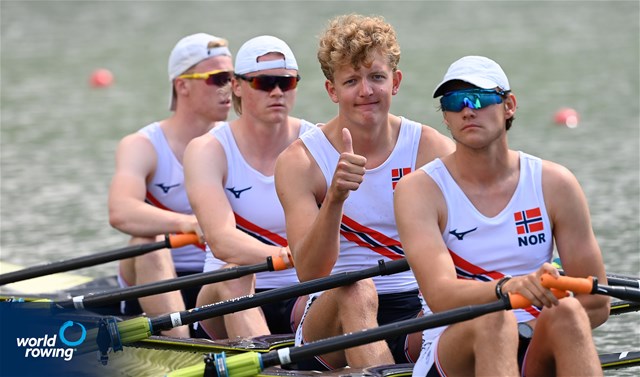 Fredrik Reite (b), Andreas Dugstad Soerskaar, Syvert Senumstad, Jonathan Wang-Norderud (s), Men's Quadruple Sculls, Norway, 2021 World Rowing Under 23 Championships, Racice, Czech Republic / Detlev Seyb/MyRowingPhoto.com