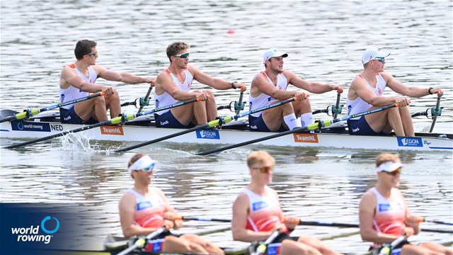 Guus Mollee (b), Olav Molenaar, Noud Scholten, Gert-Jan Van Doorn (s), Men's Quadruple Sculls, Netherlands, 2021 World Rowing Under 23 Championships, Racice, Czech Republic / Detlev Seyb/MyRowingPhoto.com