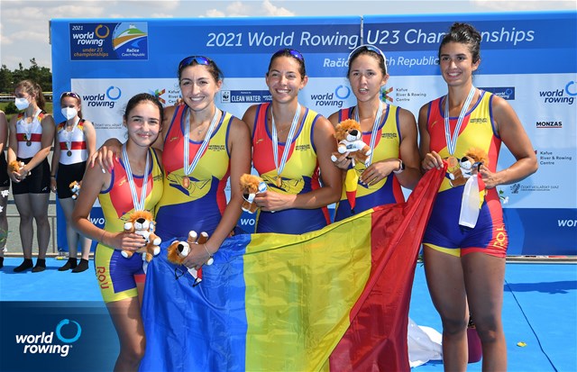 Adriana Surupaceanu (b), Ioana-Madalina Morosan, Lorena Constantin, Iuliana Timoc (s), Victoria-Stefania Petreanu (c), Women's Coxed Four, Romania, Gold, 2021 World Rowing Under 23 Championships, Racice, Czech Republic / Detlev Seyb/MyRowingPhoto.com