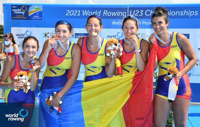Adriana Surupaceanu (b), Ioana-Madalina Morosan, Lorena Constantin, Iuliana Timoc (s), Victoria-Stefania Petreanu (c), Women's Coxed Four, Romania, Gold, 2021 World Rowing Under 23 Championships, Racice, Czech Republic / Detlev Seyb/MyRowingPhoto.com
