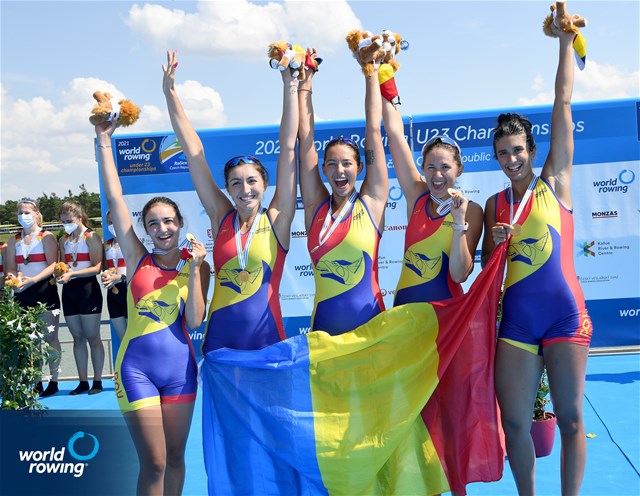 Adriana Surupaceanu (b), Ioana-Madalina Morosan, Lorena Constantin, Iuliana Timoc (s), Victoria-Stefania Petreanu (c), Women's Coxed Four, Romania, Gold, 2021 World Rowing Under 23 Championships, Racice, Czech Republic / Detlev Seyb/MyRowingPhoto.com