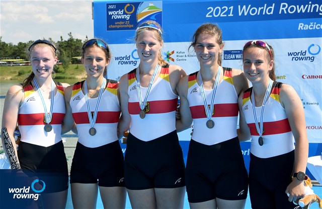 Tori Schwerin (b), Maike Boettcher, Magdalena Rabl, Anna Haendle (s), Annalena Fisch (c), Women's Coxed Four, Germany, Silver, 2021 World Rowing Under 23 Championships, Racice, Czech Republic / Detlev Seyb/MyRowingPhoto.com