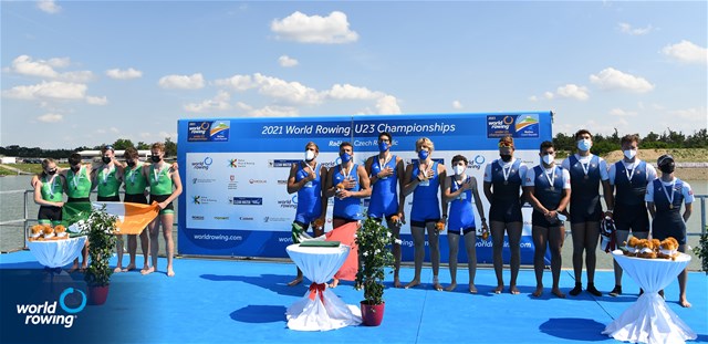 Davide Verita' (b), Aniello Sabbatino, Andrea Carando, Nunzio Di Colandrea (s), Filippo Wiesenfeld (c), Italy, Gold, O Reilly Fionn (b), Adam Murphy, Ryan Spelman, Andrew Sheehan (s), Leah O Regan (c), Ireland, Silver, Liam Galloway (b), William Geib, Christian Tabash, Erik Spinka (s), James Catalano (c), United States of America, Bronze, Men's Coxed Four, , 2021 World Rowing Under 23 Championships, Racice, Czech Republic / Detlev Seyb/MyRowingPhoto.com