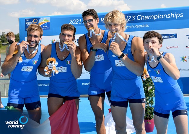 Liam Galloway (b), William Geib, Christian Tabash, Erik Spinka (s), James Catalano (c), Men's Coxed Four, United States of America, 2021 World Rowing Under 23 Championships, Racice, Czech Republic / Detlev Seyb/MyRowingPhoto.com