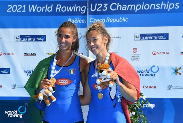 Maria Zerboni (b), Samantha Premerl (s), Lightweight Women's Pair, Italy, Gold, 2021 World Rowing Under 23 Championships, Racice, Czech Republic / Detlev Seyb/MyRowingPhoto.com
