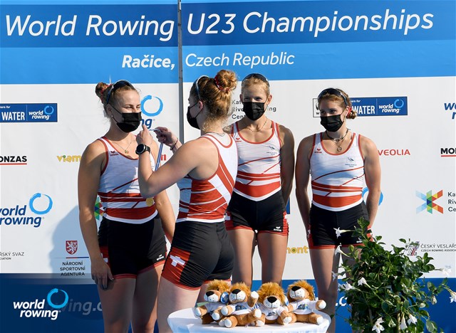 Salome Ulrich (b), Nina Wettstein, Lisa Loetscher, Celia Dupre (s), Women's Quadruple Sculls, Switzerland, Gold, 2021 World Rowing Under 23 Championships, Racice, Czech Republic / Detlev Seyb/MyRowingPhoto.com