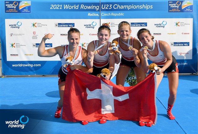 Salome Ulrich (b), Nina Wettstein, Lisa Loetscher, Celia Dupre (s), Women's Quadruple Sculls, Switzerland, Gold, 2021 World Rowing Under 23 Championships, Racice, Czech Republic / Detlev Seyb/MyRowingPhoto.com