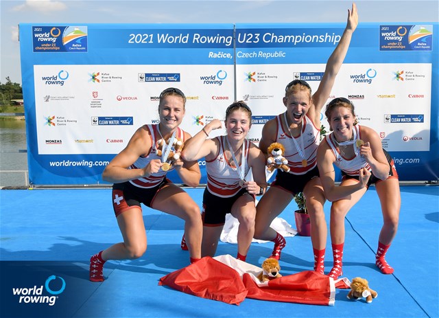 Salome Ulrich (b), Nina Wettstein, Lisa Loetscher, Celia Dupre (s), Women's Quadruple Sculls, Switzerland, Gold, 2021 World Rowing Under 23 Championships, Racice, Czech Republic / Detlev Seyb/MyRowingPhoto.com