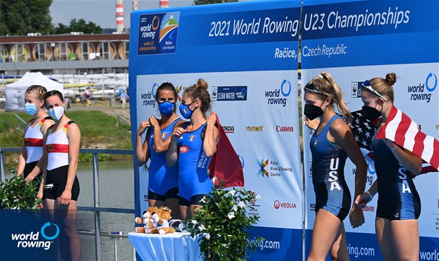 Maria Zerboni (b), Samantha Premerl (s), Lightweight Women's Pair, Italy, Gold, Antonia Michaels (b), Cecilia Sommerfeld (s), Germany, Silver, Bonnie Pushner (b), Lindsey Rust (s), Bronze, United States of America, 2021 World Rowing Under 23 Championships, Racice, Czech Republic / Detlev Seyb/MyRowingPhoto.com