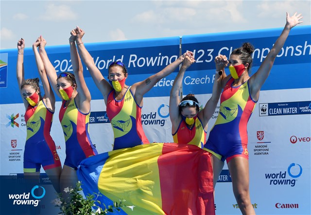Adriana Surupaceanu (b), Ioana-Madalina Morosan, Lorena Constantin, Iuliana Timoc (s), Victoria-Stefania Petreanu (c), Women's Coxed Four, Romania, Gold, 2021 World Rowing Under 23 Championships, Racice, Czech Republic / Detlev Seyb/MyRowingPhoto.com