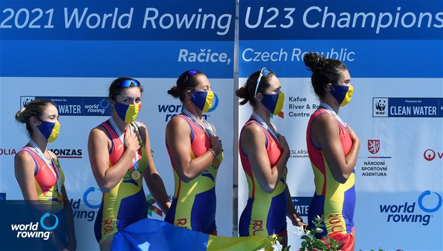 Adriana Surupaceanu (b), Ioana-Madalina Morosan, Lorena Constantin, Iuliana Timoc (s), Victoria-Stefania Petreanu (c), Women's Coxed Four, Romania, Gold, 2021 World Rowing Under 23 Championships, Racice, Czech Republic / Detlev Seyb/MyRowingPhoto.com