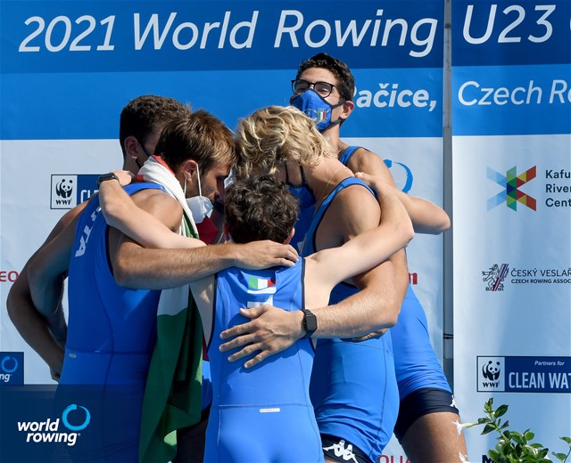 Davide Verita' (b), Aniello Sabbatino, Andrea Carando, Nunzio Di Colandrea (s), Filippo Wiesenfeld (c), Men's Coxed Four, Italy, Gold, 2021 World Rowing Under 23 Championships, Racice, Czech Republic / Detlev Seyb/MyRowingPhoto.com