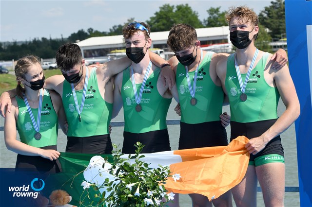 O Reilly Fionn (b), Adam Murphy, Ryan Spelman, Andrew Sheehan (s), Leah O Regan (c), Men's Coxed Four, Ireland, 2021 World Rowing Under 23 Championships, Racice, Czech Republic / Detlev Seyb/MyRowingPhoto.com