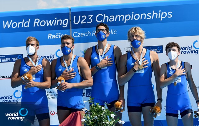 Davide Verita' (b), Aniello Sabbatino, Andrea Carando, Nunzio Di Colandrea (s), Filippo Wiesenfeld (c), Men's Coxed Four, Italy, Gold, 2021 World Rowing Under 23 Championships, Racice, Czech Republic / Detlev Seyb/MyRowingPhoto.com