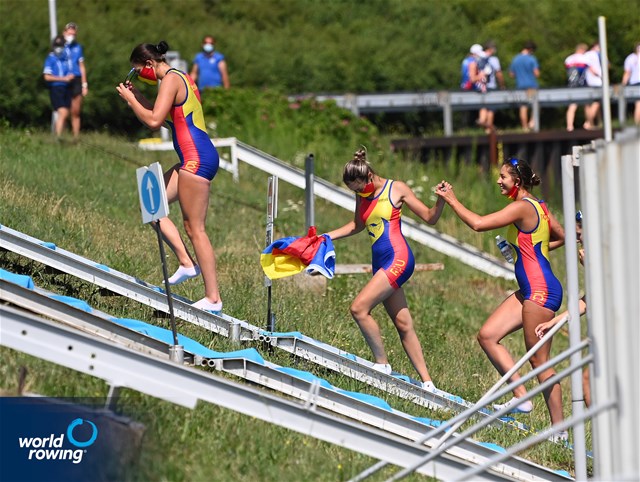 Adriana Surupaceanu (b), Ioana-Madalina Morosan, Lorena Constantin, Iuliana Timoc (s), Victoria-Stefania Petreanu (c), Women's Coxed Four, Romania, Gold, 2021 World Rowing Under 23 Championships, Racice, Czech Republic / Detlev Seyb/MyRowingPhoto.com
