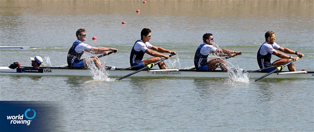 Liam Galloway (b), William Geib, Christian Tabash, Erik Spinka (s), James Catalano (c), Men's Coxed Four, United States of America,  2021 World Rowing Under 23 Championships, Racice, Czech Republic / Detlev Seyb/MyRowingPhoto.com