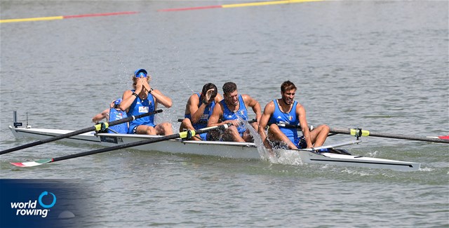 Davide Verita' (b), Aniello Sabbatino, Andrea Carando, Nunzio Di Colandrea (s), Filippo Wiesenfeld (c), Men's Coxed Four, Italy, 2021 World Rowing Under 23 Championships, Racice, Czech Republic / Detlev Seyb/MyRowingPhoto.com
