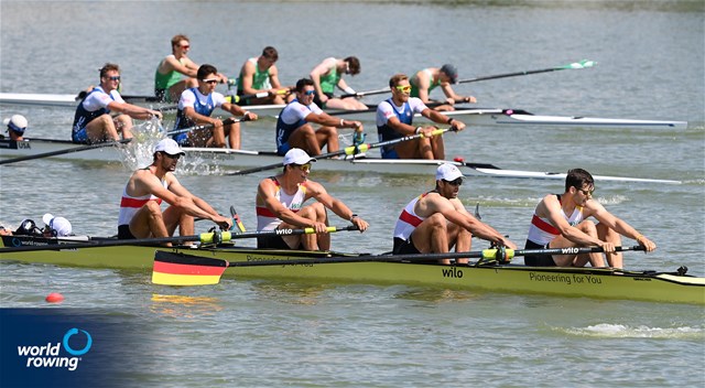 Robin Goeritz (b), Tom Tewes, Henning Koencke, Julius Christ (s), Florian Koch (c), Men's Coxed Four, Germany,  2021 World Rowing Under 23 Championships, Racice, Czech Republic / Detlev Seyb/MyRowingPhoto.com
