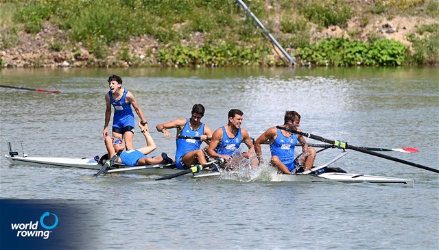 Davide Verita' (b), Aniello Sabbatino, Andrea Carando, Nunzio Di Colandrea (s), Filippo Wiesenfeld (c), Men's Coxed Four, Italy, 2021 World Rowing Under 23 Championships, Racice, Czech Republic / Detlev Seyb/MyRowingPhoto.com