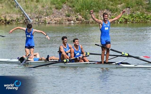 Davide Verita' (b), Aniello Sabbatino, Andrea Carando, Nunzio Di Colandrea (s), Filippo Wiesenfeld (c), Men's Coxed Four, Italy, 2021 World Rowing Under 23 Championships, Racice, Czech Republic / Detlev Seyb/MyRowingPhoto.com