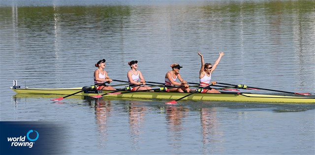Salome Ulrich (b), Nina Wettstein, Lisa Loetscher, Celia Dupre (s), Women's Quadruple Sculls, Switzerland, 2021 World Rowing Under 23 Championships, Racice, Czech Republic / Detlev Seyb/MyRowingPhoto.com