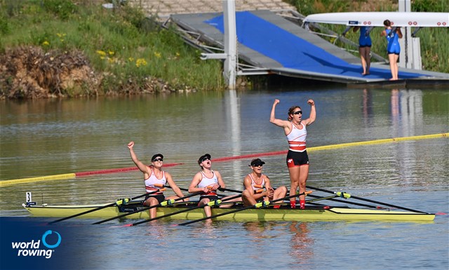 Salome Ulrich (b), Nina Wettstein, Lisa Loetscher, Celia Dupre (s), Women's Quadruple Sculls, Switzerland, 2021 World Rowing Under 23 Championships, Racice, Czech Republic / Detlev Seyb/MyRowingPhoto.com