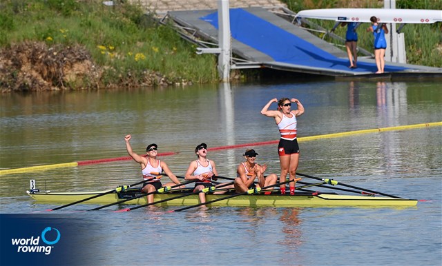 Salome Ulrich (b), Nina Wettstein, Lisa Loetscher, Celia Dupre (s), Women's Quadruple Sculls, Switzerland, 2021 World Rowing Under 23 Championships, Racice, Czech Republic / Detlev Seyb/MyRowingPhoto.com