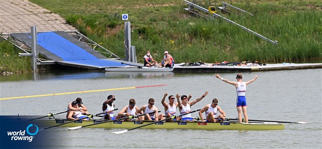 Noah Norman (b), Miles Beeson, Simon Nunayon, Tobias Schroder, Felix Drinkall, Callum Sullivan, Joshua Bowesman-Jones, Michael Dalton (s), Scott Cockle (c), Men's Eight, Great Britain, 2021 World Rowing Under 23 Championships, Racice, Czech Republic / Detlev Seyb/MyRowingPhoto.com
