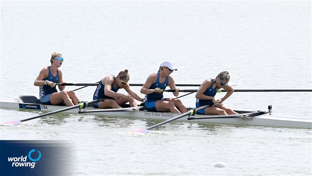 Kelsey Mcginley (b), Teal Cohen, Alexandria Vallancey-Martinson, Francesca Raggi (s), Women's Four, United States of America, 2021 World Rowing Under 23 Championships, Racice, Czech Republic / Detlev Seyb/MyRowingPhoto.com