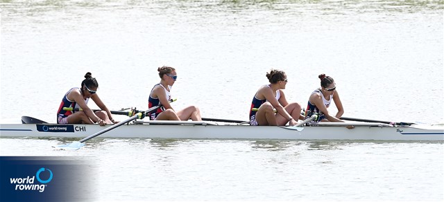 Yoselyn Carcamo Ponce (b), Antonia Leonor Liewald Heise, Magdalena Jesus Nannig Rojas, Isidora Niemeyer (s), Women's Four, Chile, 2021 World Rowing Under 23 Championships, Racice, Czech Republic / Detlev Seyb/MyRowingPhoto.com