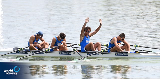 Nicolo' Carucci (b), Leonardo Tedoldi, Matteo Sartori, Pietro Cangialosi (s), Men's Quadruple Sculls, Italy 2021 World Rowing Under 23 Championships, Racice, Czech Republic / Detlev Seyb/MyRowingPhoto.com