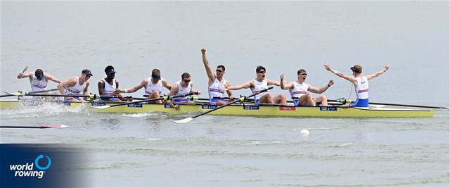 Noah Norman (b), Miles Beeson, Simon Nunayon, Tobias Schroder, Felix Drinkall, Callum Sullivan, Joshua Bowesman-Jones, Michael Dalton (s), Scott Cockle (c), Men's Eight, Great Britain, 2021 World Rowing Under 23 Championships, Racice, Czech Republic / Detlev Seyb/MyRowingPhoto.com