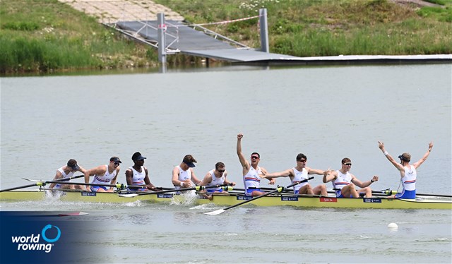Noah Norman (b), Miles Beeson, Simon Nunayon, Tobias Schroder, Felix Drinkall, Callum Sullivan, Joshua Bowesman-Jones, Michael Dalton (s), Scott Cockle (c), Men's Eight, Great Britain, 2021 World Rowing Under 23 Championships, Racice, Czech Republic / Detlev Seyb/MyRowingPhoto.com