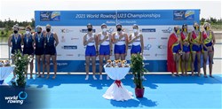 Amelia Standing (b), Holly Dunford, Lettice Cabot, Daisy Bellamy (s), Great Britain, Gold, Kelsey Mcginley (b), Teal Cohen, Alexandria Vallancey-Martinson, Francesca Raggi (s), United States of America, Silver, Alice-Elena Turcanu (b), Alina-Maria Baletchi, Andreea Popa, Dumitrita Juncanariu (s), Romania, Bronze, Women's Four,  2021 World Rowing Under 23 Championships, Racice, Czech Republic / Detlev Seyb/MyRowingPhoto.com